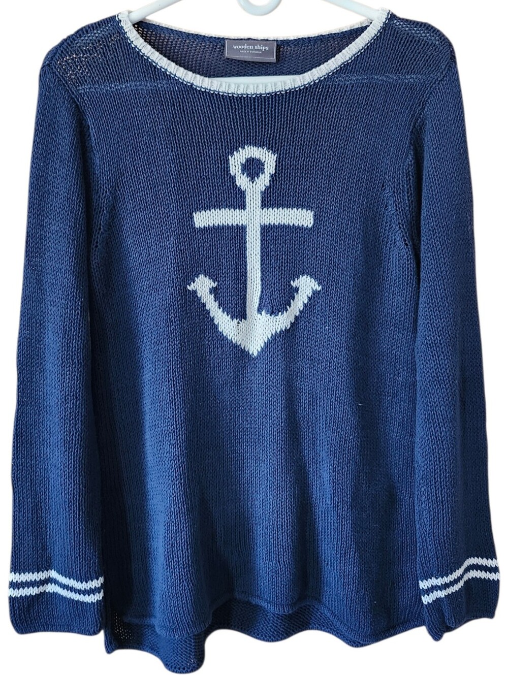Wooden Ships Anchor Loose Open Knit Cotton Blend Crew Neck Sweater Blue M/L